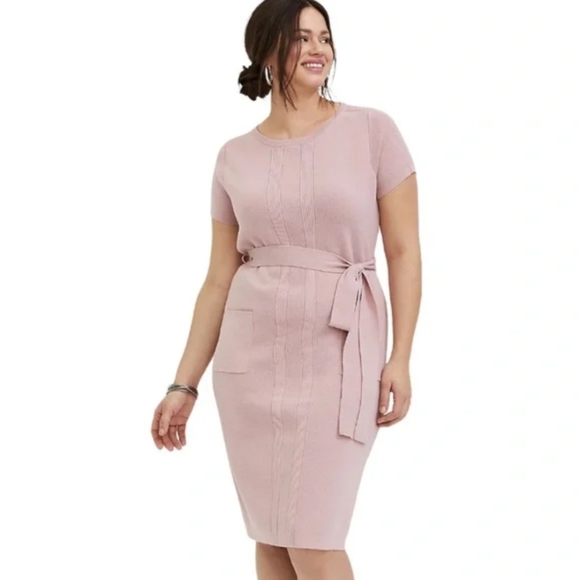 Torrid Mauve Pink Knit Ribbed Sweater Dress Short Sleeve Knee Length Self Tie 2X - Picture 11 of 11